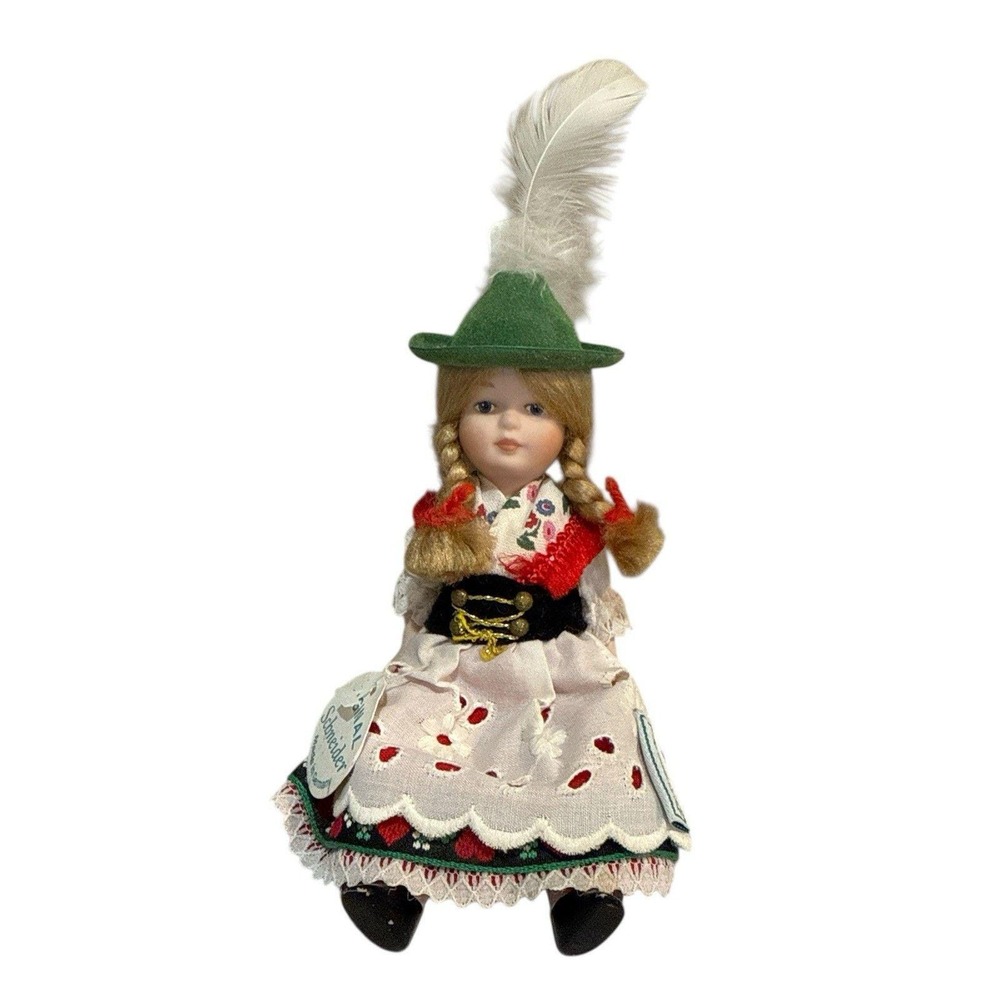 Schneider of Germany Porcelain‎ Doll 6" Handmade Dress Feather Green Hat Blonde